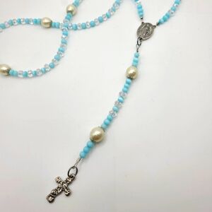 Catholic Rosary, Czech Blue Eyecat and Glass Pearls 21-in Long + 6½-in